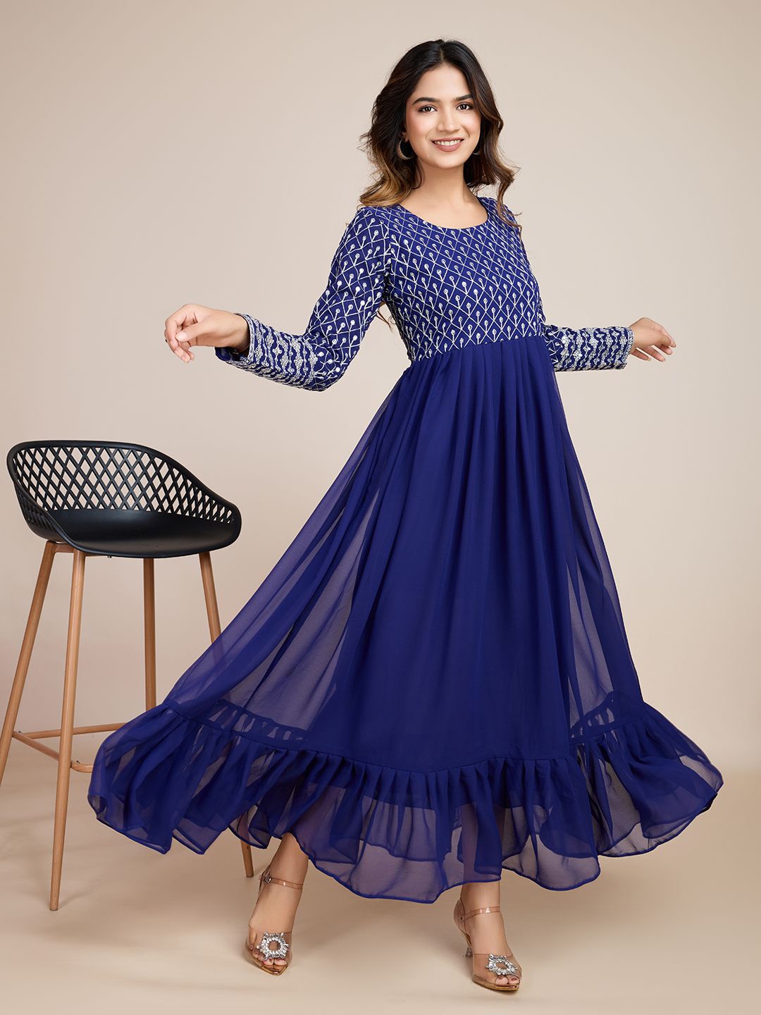 

AKSHARAM Floral Embroidered Georgette Fit & Flare Maxi Dress, Navy blue