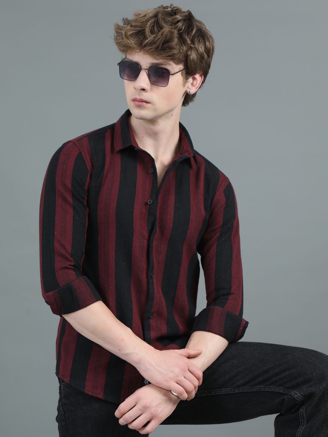 

PAUL STREET Men Modern Tailored Fit Opaque Striped Casual Shirt, Black