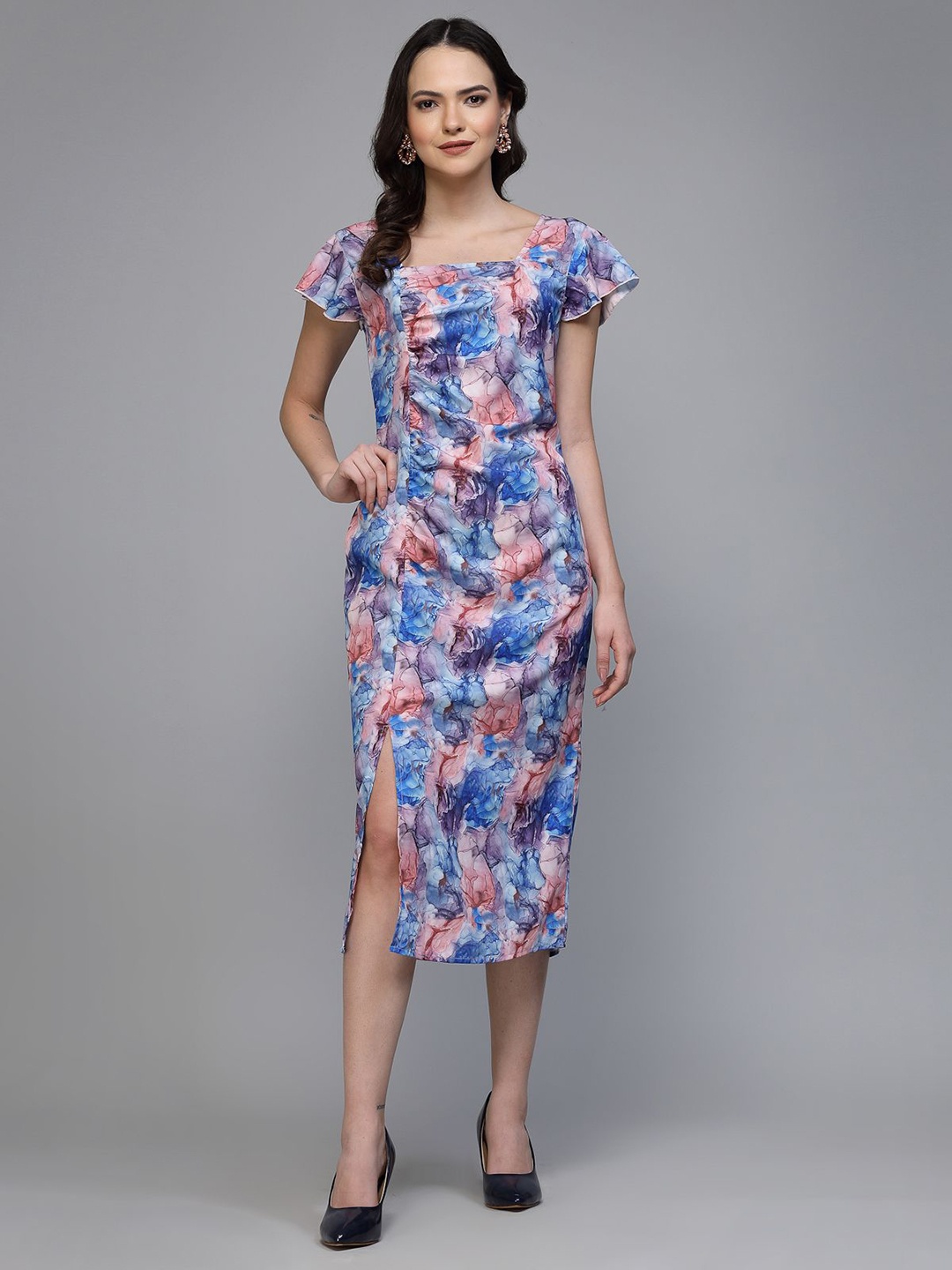 

Fabway Clothing Women Floral Printed Crepe Bodycon Midi Dress, Blue