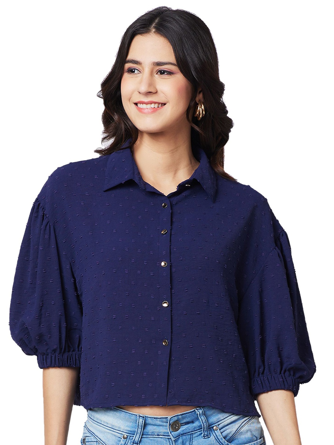 

IZEL Women Textured Casual Shirt, Navy blue