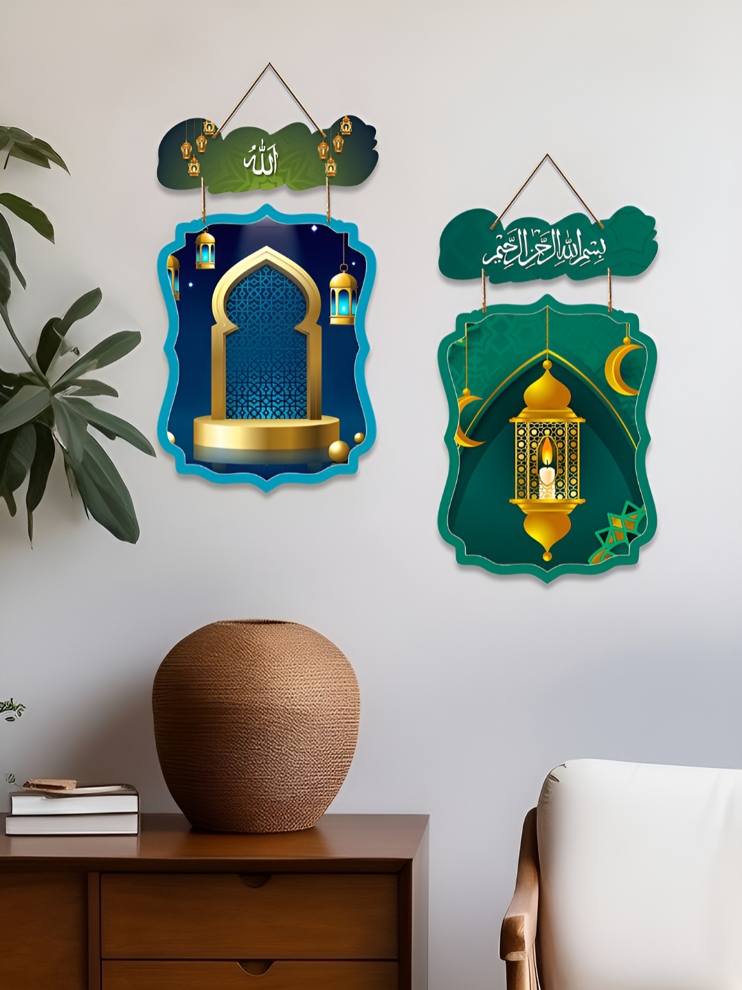 

ArtVibes Set Of 2 Green & Blue Printed Wooden Wall HangingDecor