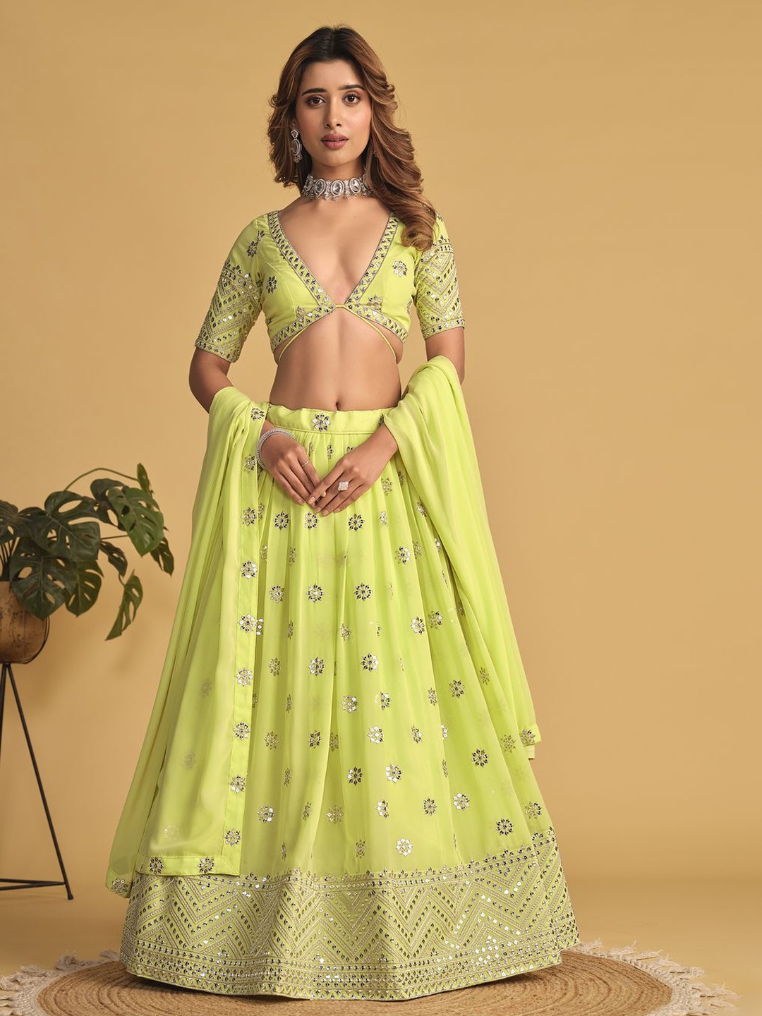 

Fashion Basket Embroidered Sequinned Semi-Stitched Lehenga & Unstitched Blouse With Dupatta, Green