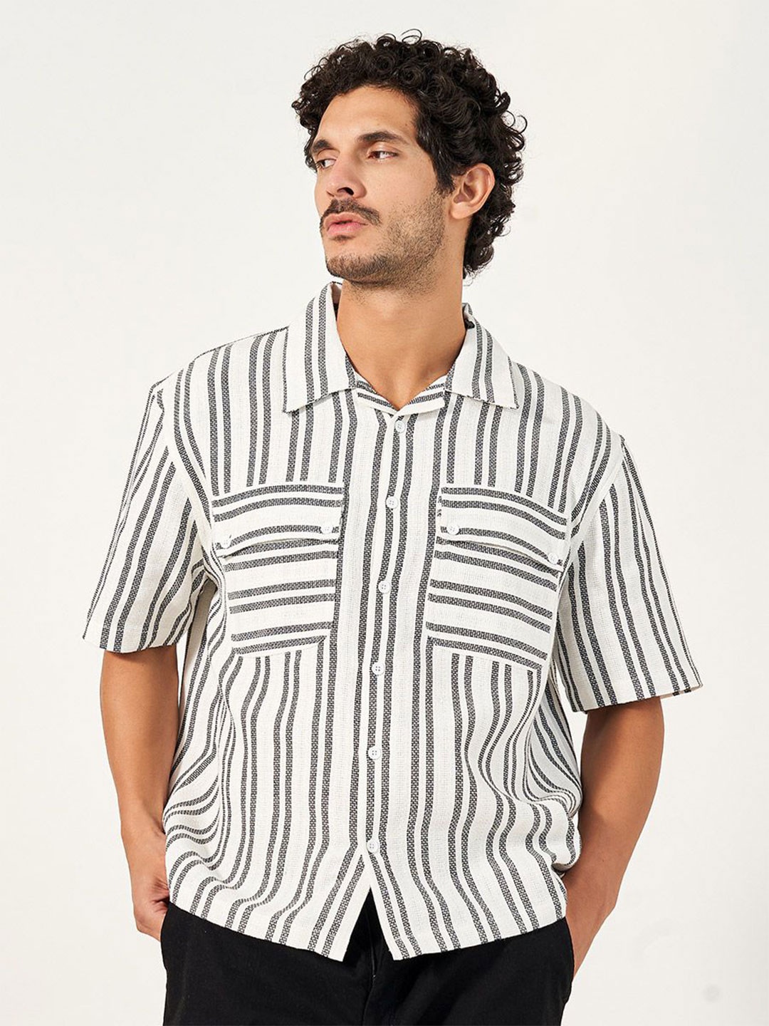 

Styli Men Striped Oversized Fit Shirt with Double Pockets, White