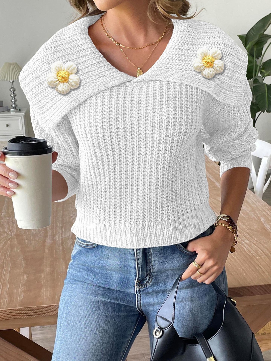 

StyleCast Women Ribbed Pullover with Embellished Detail, White