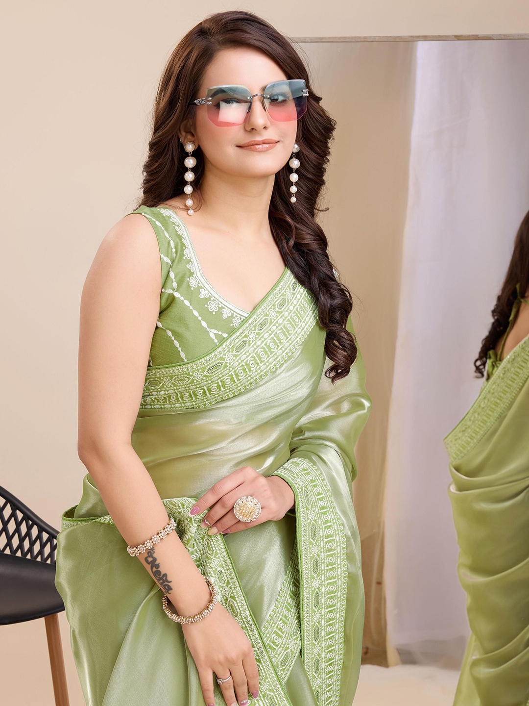 

HERE&NOW Embroidered Ready to Wear Saree, Olive