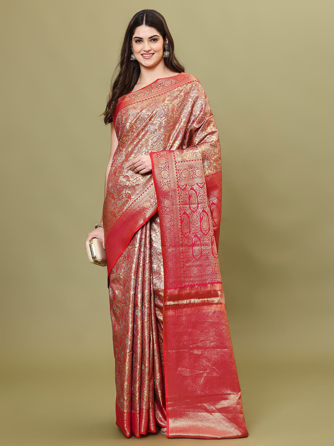 

Meena Bazaar Ethnic Motifs Woven Design Art Silk Heavy Work Saree, Pink