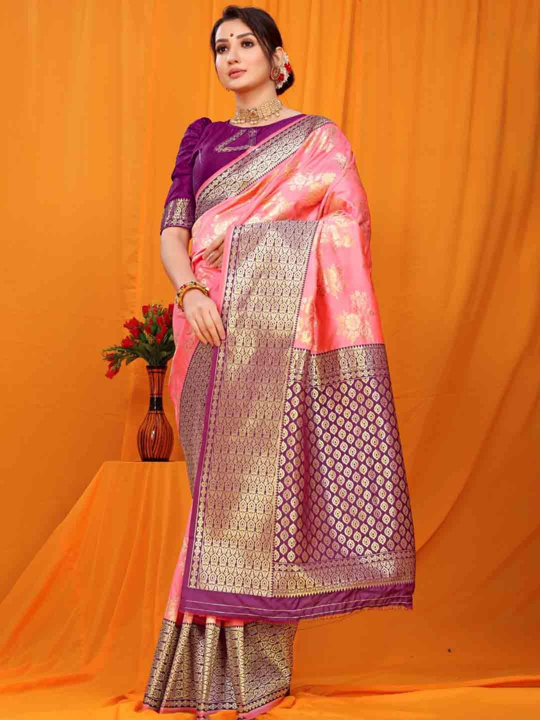 

Royal Rajgharana Saree Woven Design Zari Pure Silk Banarasi Sarees, Peach