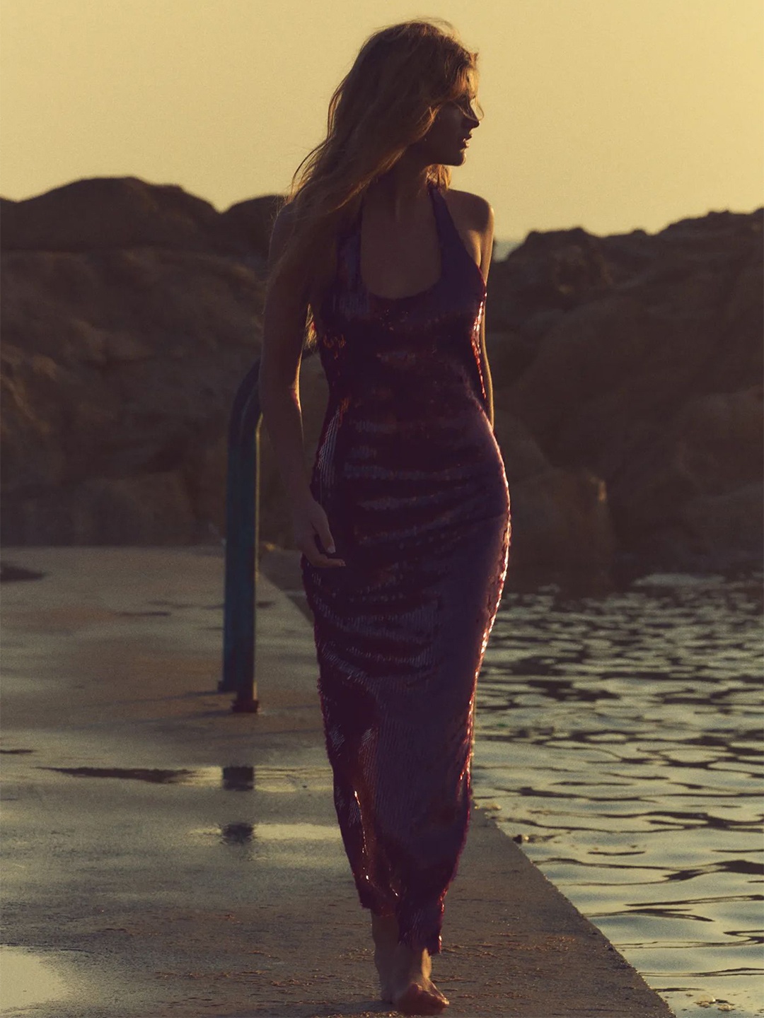 

LULU & SKY Women Embellished Sequin Halter Neck Bodycon Maxi Dress, Purple