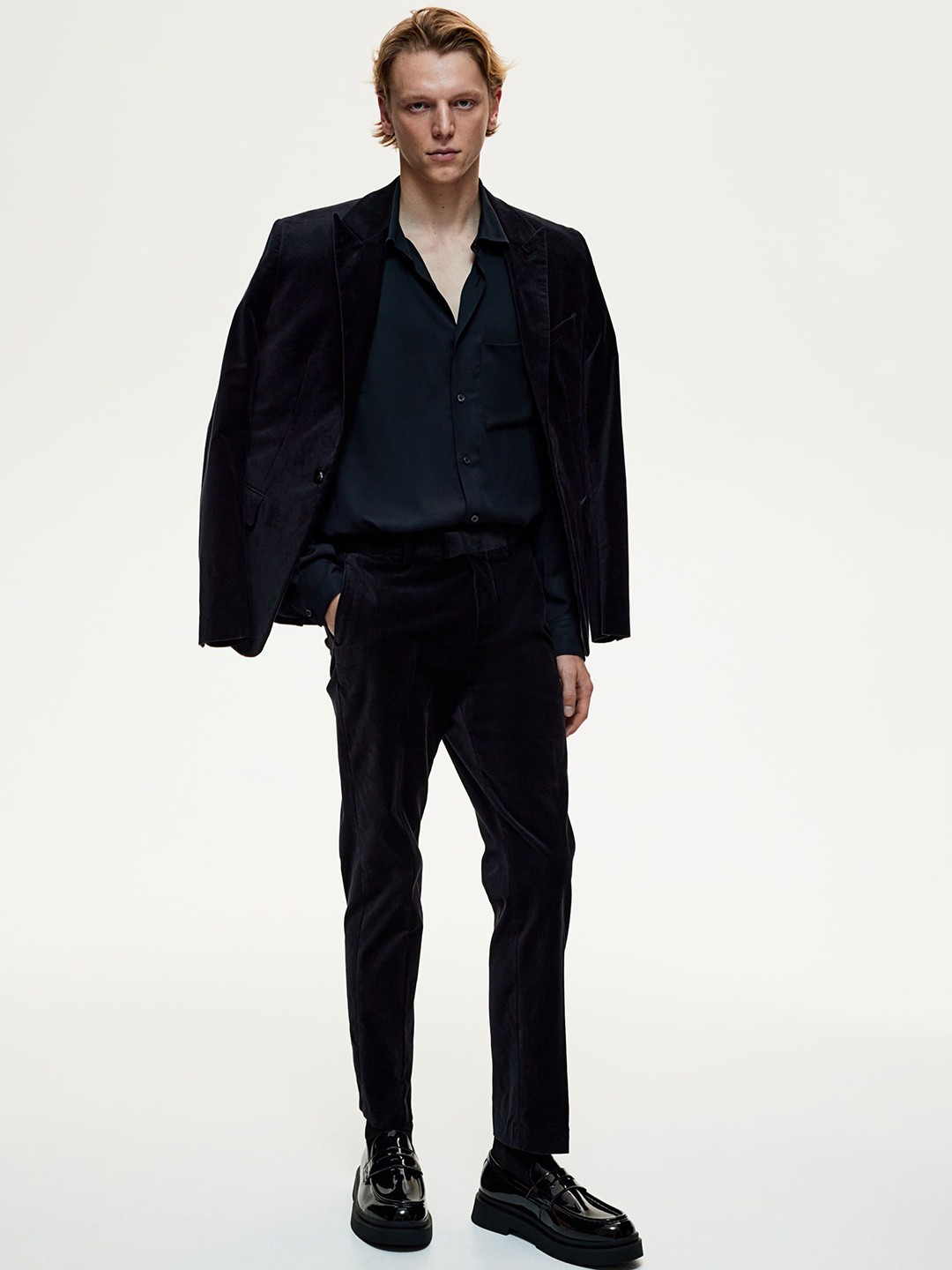 

H&M Slim Fit Cropped Velvet Trousers, Blue