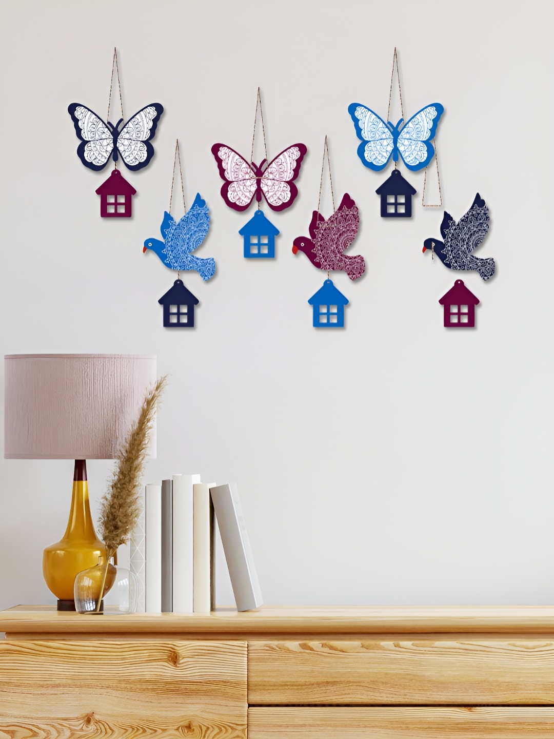 

ArtVibes 6-Pcs Blue & Maroon Birds & Butterfly Wooden Wall Hangings