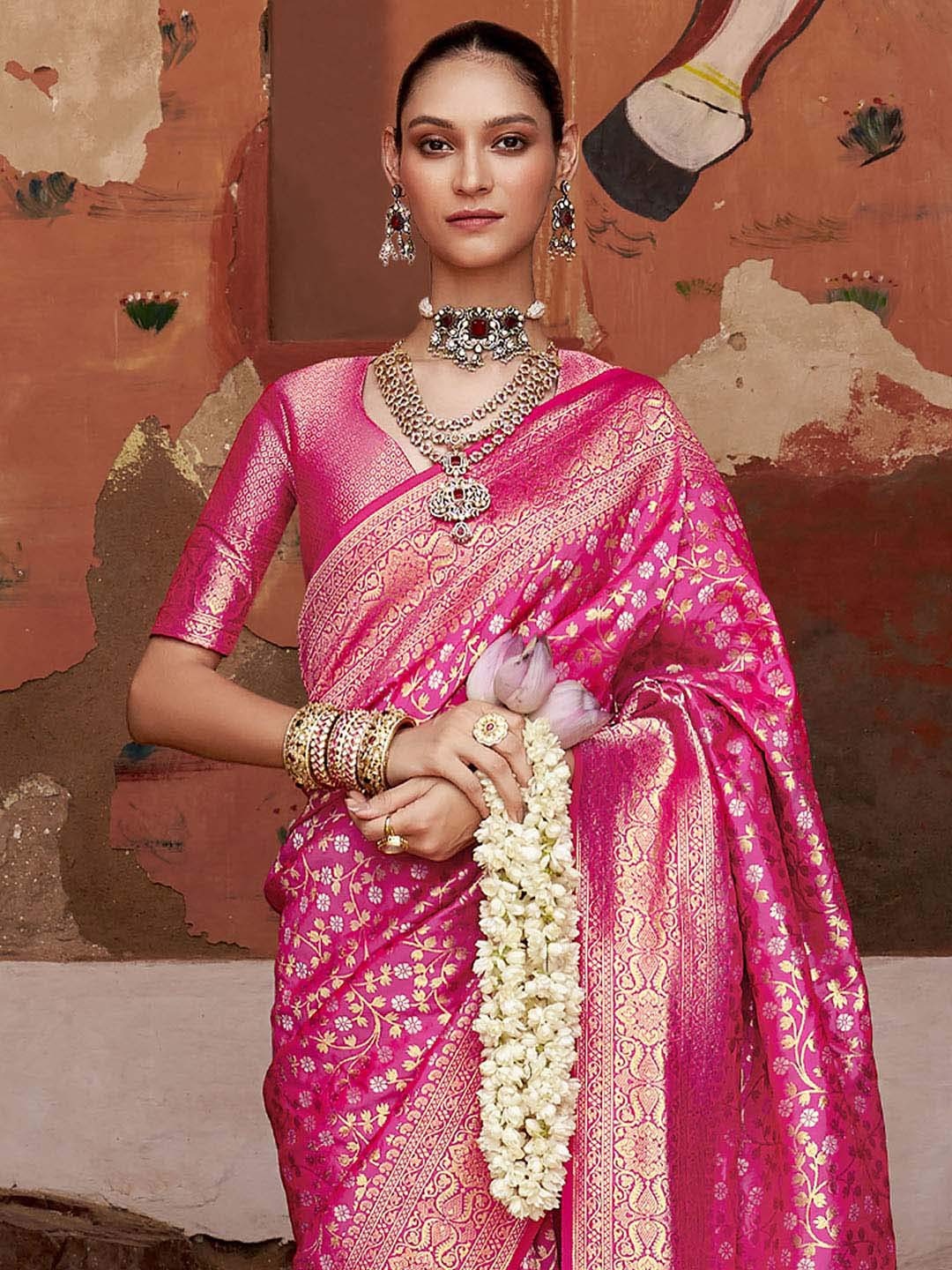 

Anouk Woven Design Zari Silk Blend Kanjeevaram Saree, Pink