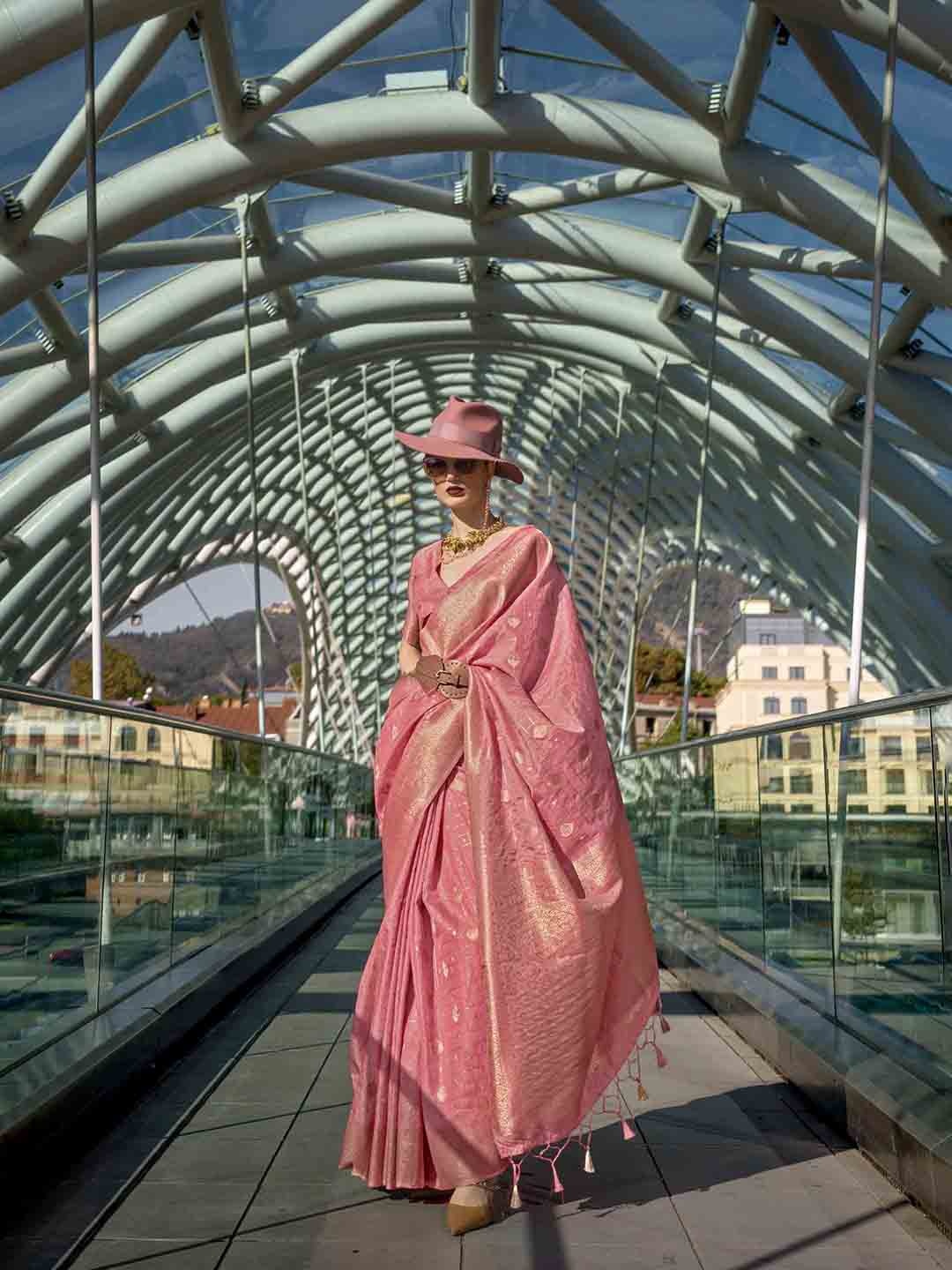 

Mitera Woven Design Zari Silk Blend Saree, Peach