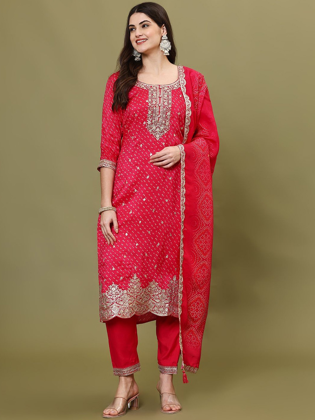 

Meena Bazaar Women Bandhani Printed Regular Sequinned Kurta with Trousers & With Dupatta, Pink