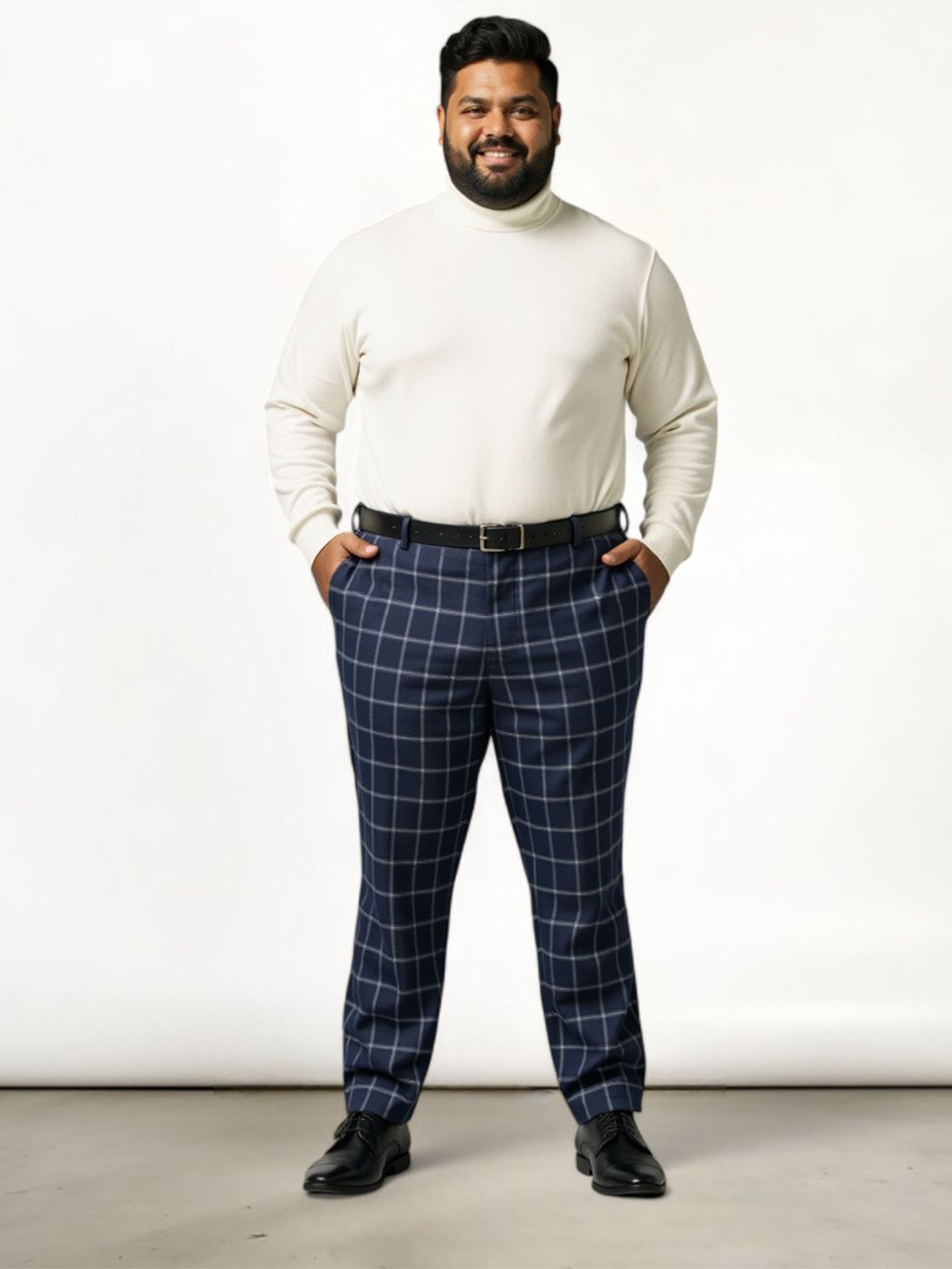 

The Pant Project Men Plus Size Checked Comfort Slim Fit Wrinkle Free Trousers, Navy blue