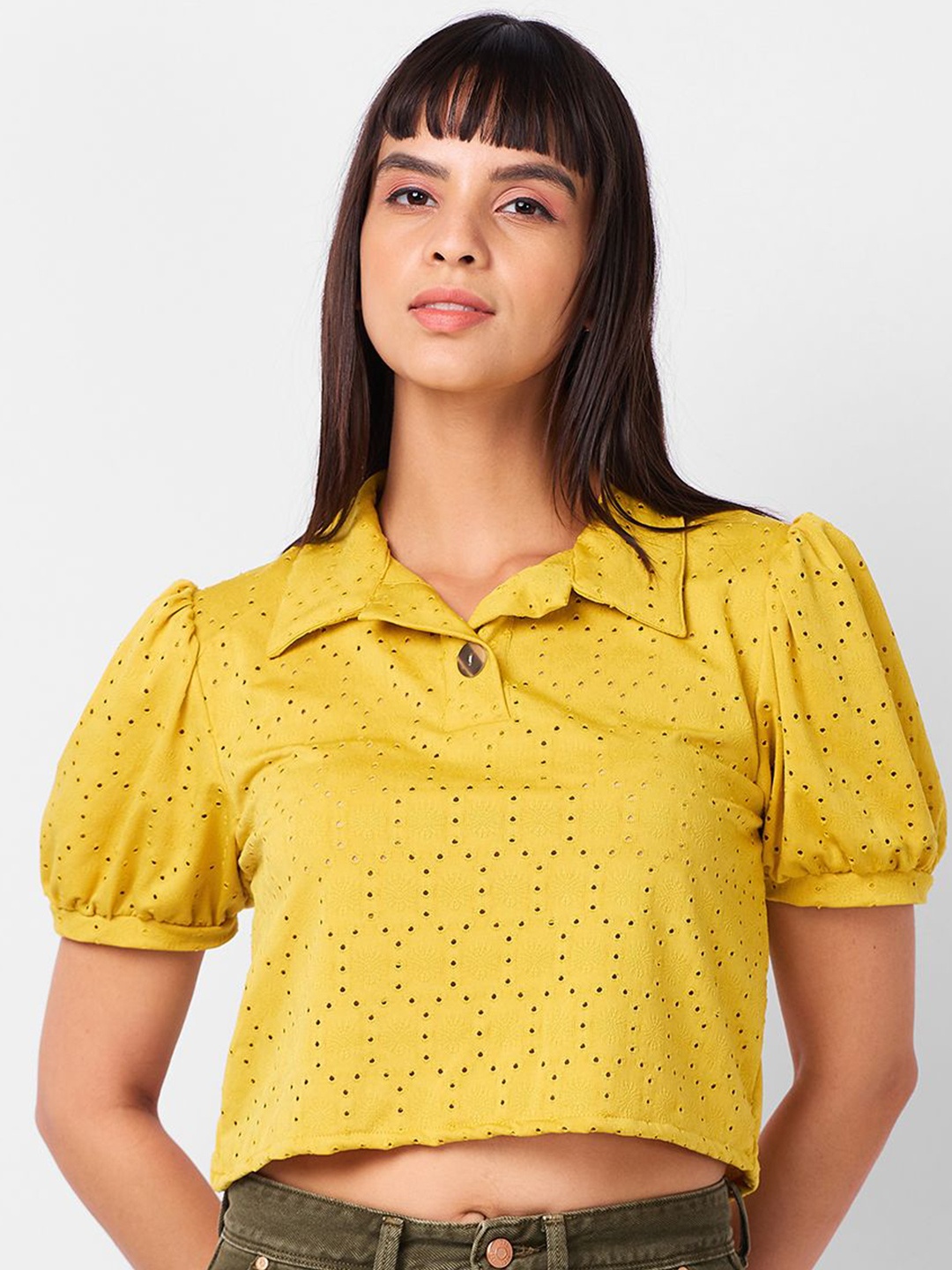 

IZEL Women Slim Fit Schiffli Floral Casual Shirt, Mustard