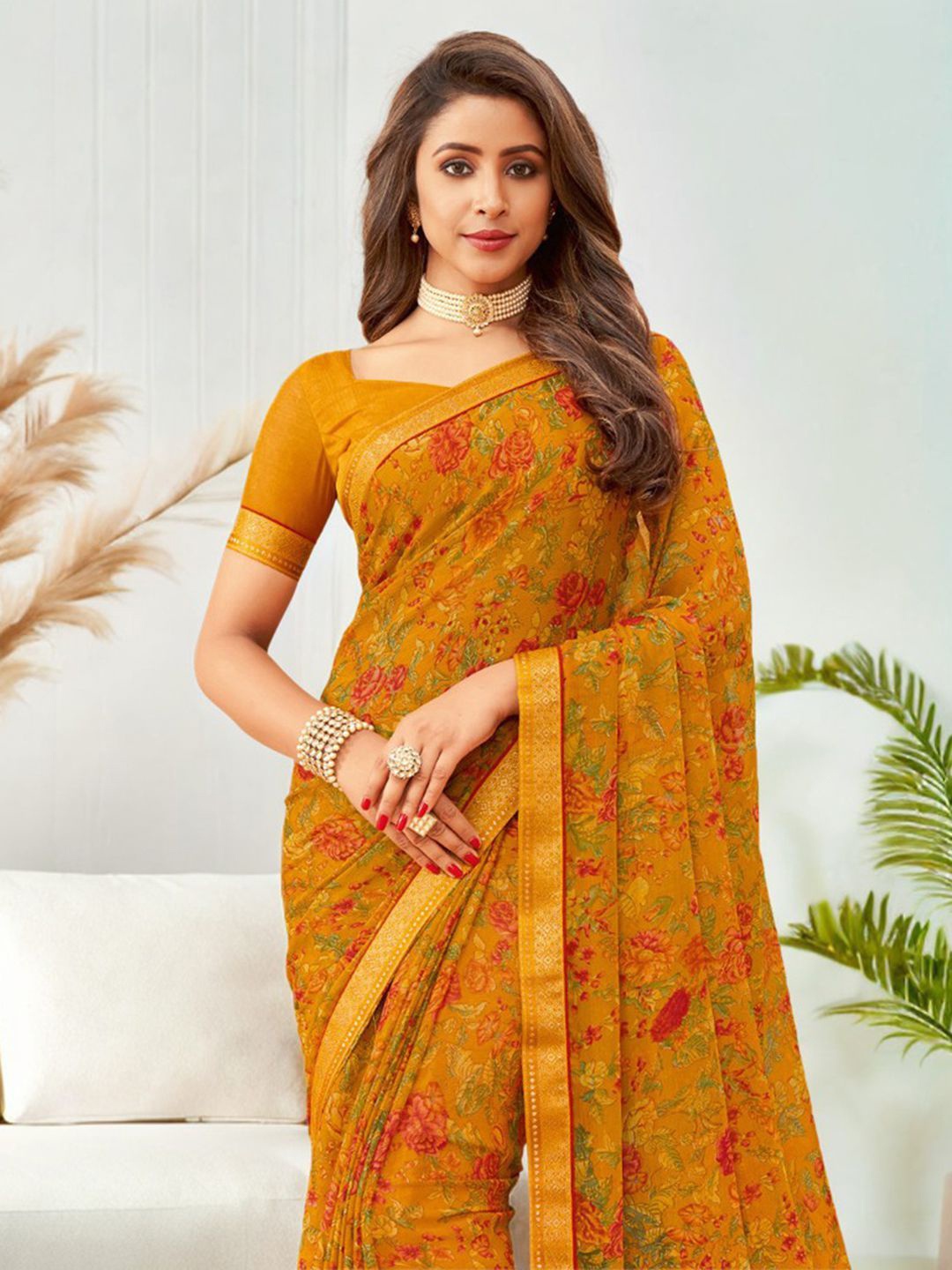 

KALINI Floral Pure Chiffon Saree, Yellow