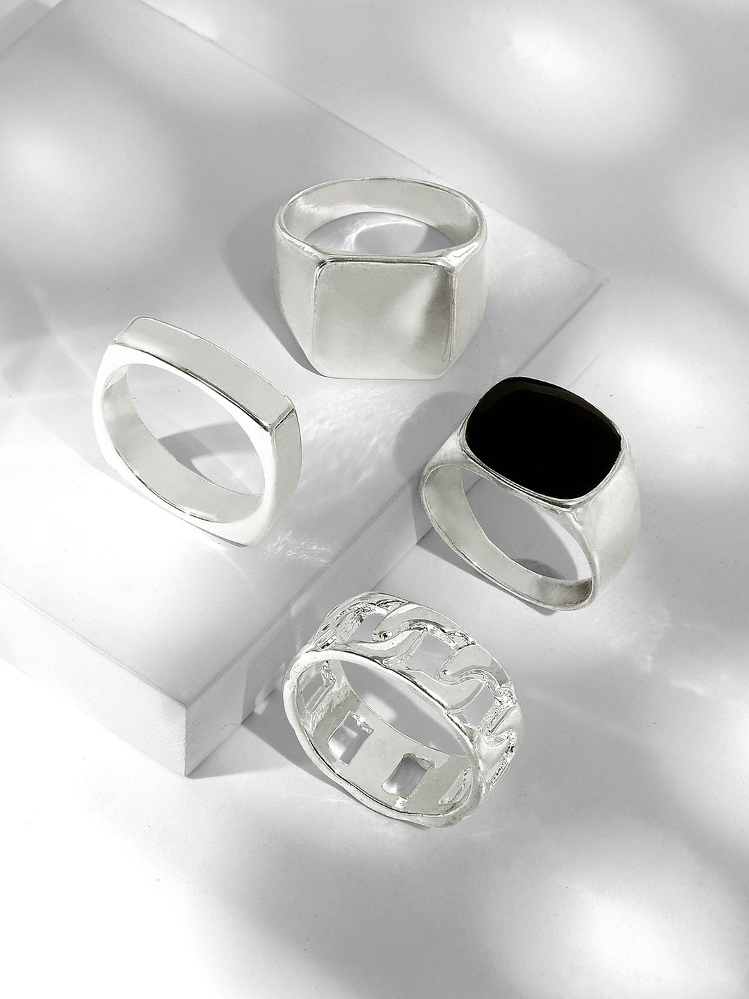 

JOKER & WITCH Set Of 4 Men Sliver Plated Finger Ring, Black
