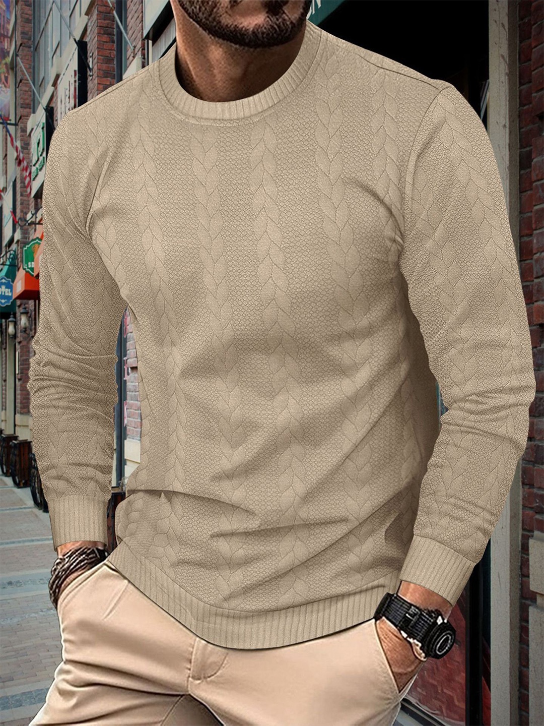 

StyleCast x Revolte Men Cable Knit Pullover, Khaki