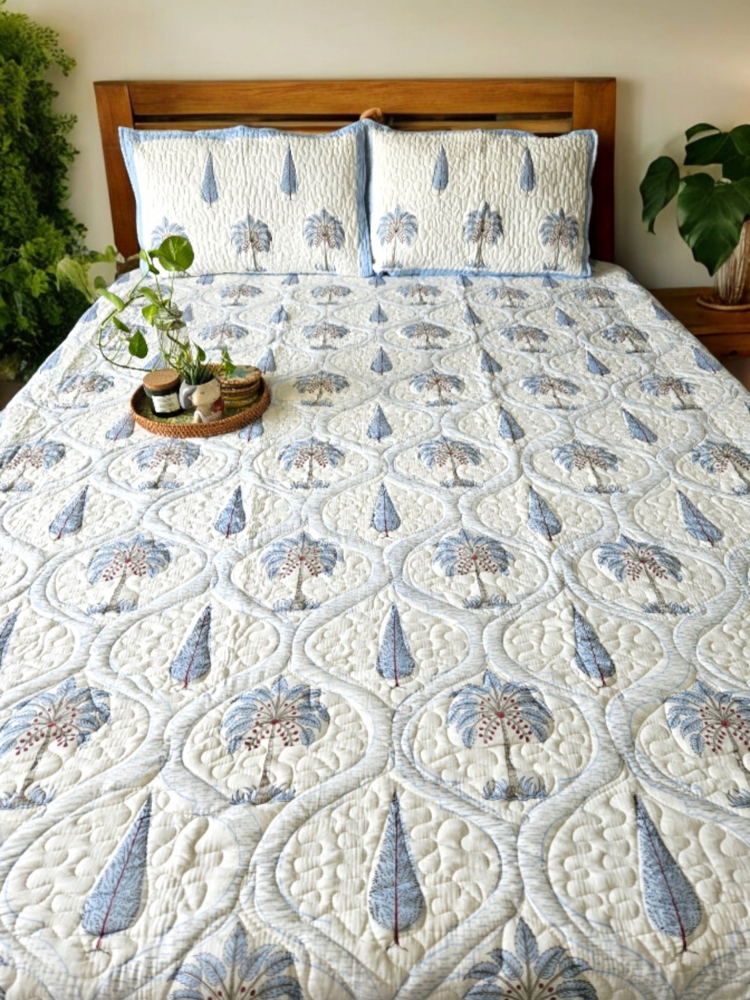 

Feels Like Home White & Blue Printed Double King Bed Cover With 2 Pillow Cover