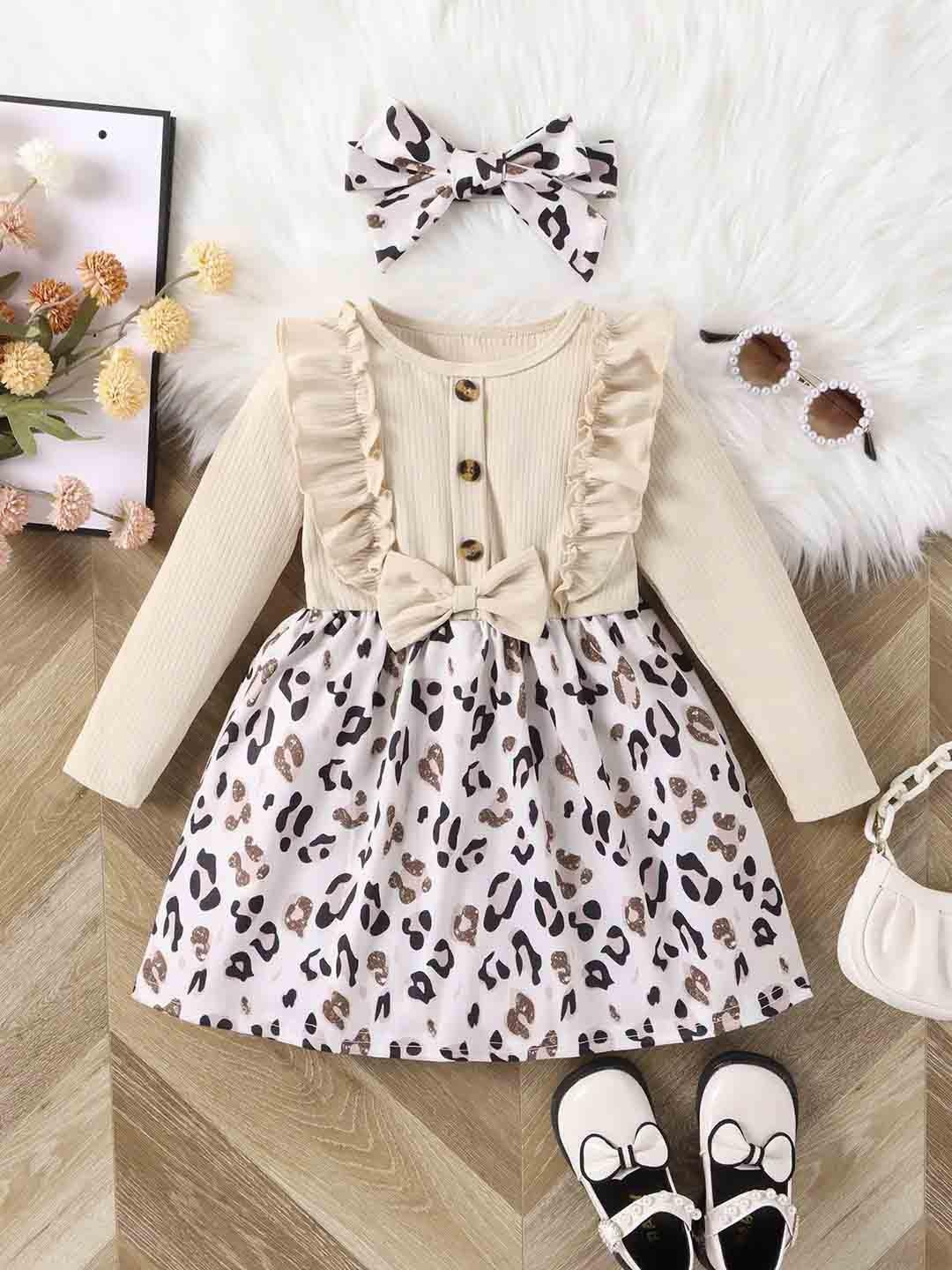 

HERE&NOW Girls Abstract Printed Fit & Flare Knee Length Dress, Cream