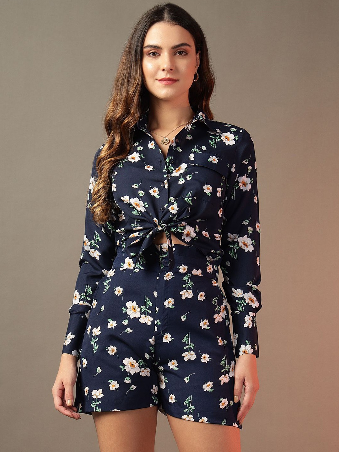 

Trend Arrest Floral Printed Shirt & Shorts Co-Ords, Navy blue