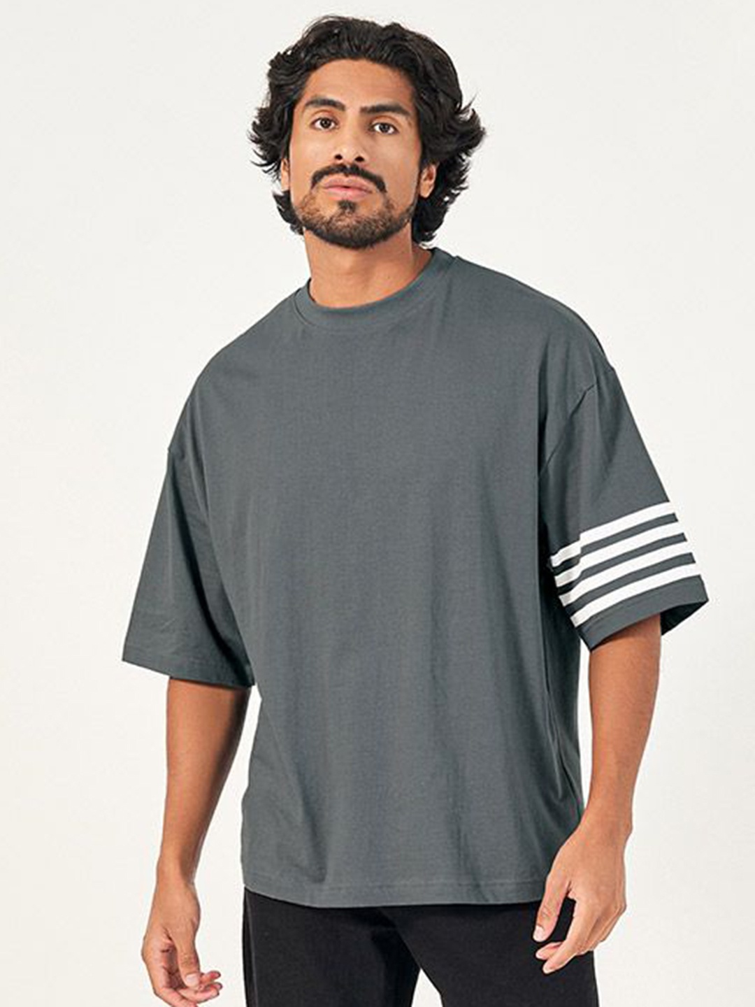 

Styli Men Striped Sleeve Boxy Fit Compact Jersey T-Shirt With wide Mock Neck Detail, Silver