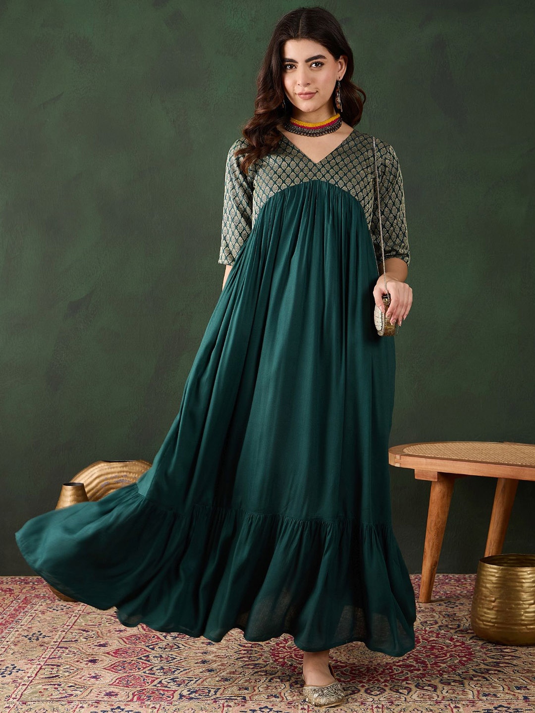

Sangria Self Design V-Neck Fit & Flare Tiered Dress, Green