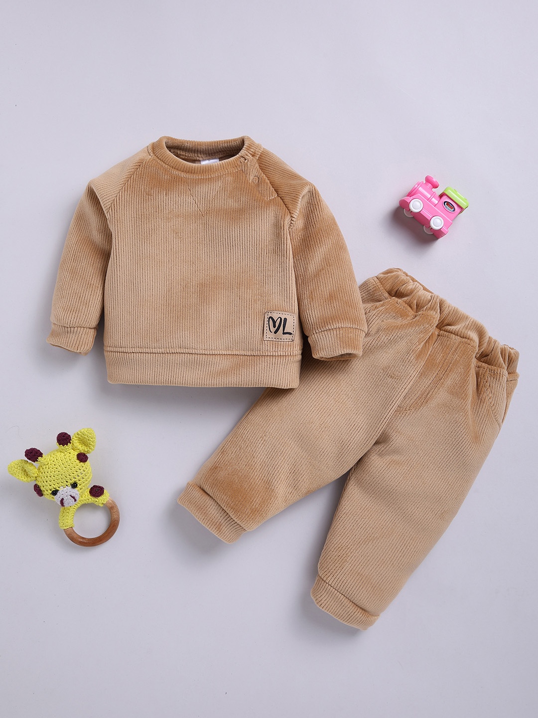 

Moms Love Infant Boys Ribbed Velvet-Finish Pure Cotton Sweatshirt With Joggers, Beige