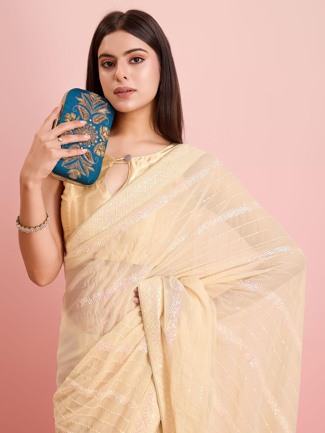 

HERE&NOW Ethnic Motifs Embroidered Sequinned Ready to Wear Saree, Cream