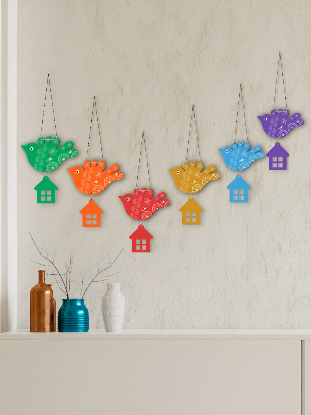 

ArtVibes 6Pcs Green & Blue Printed Wooden Wall Decor Hangings