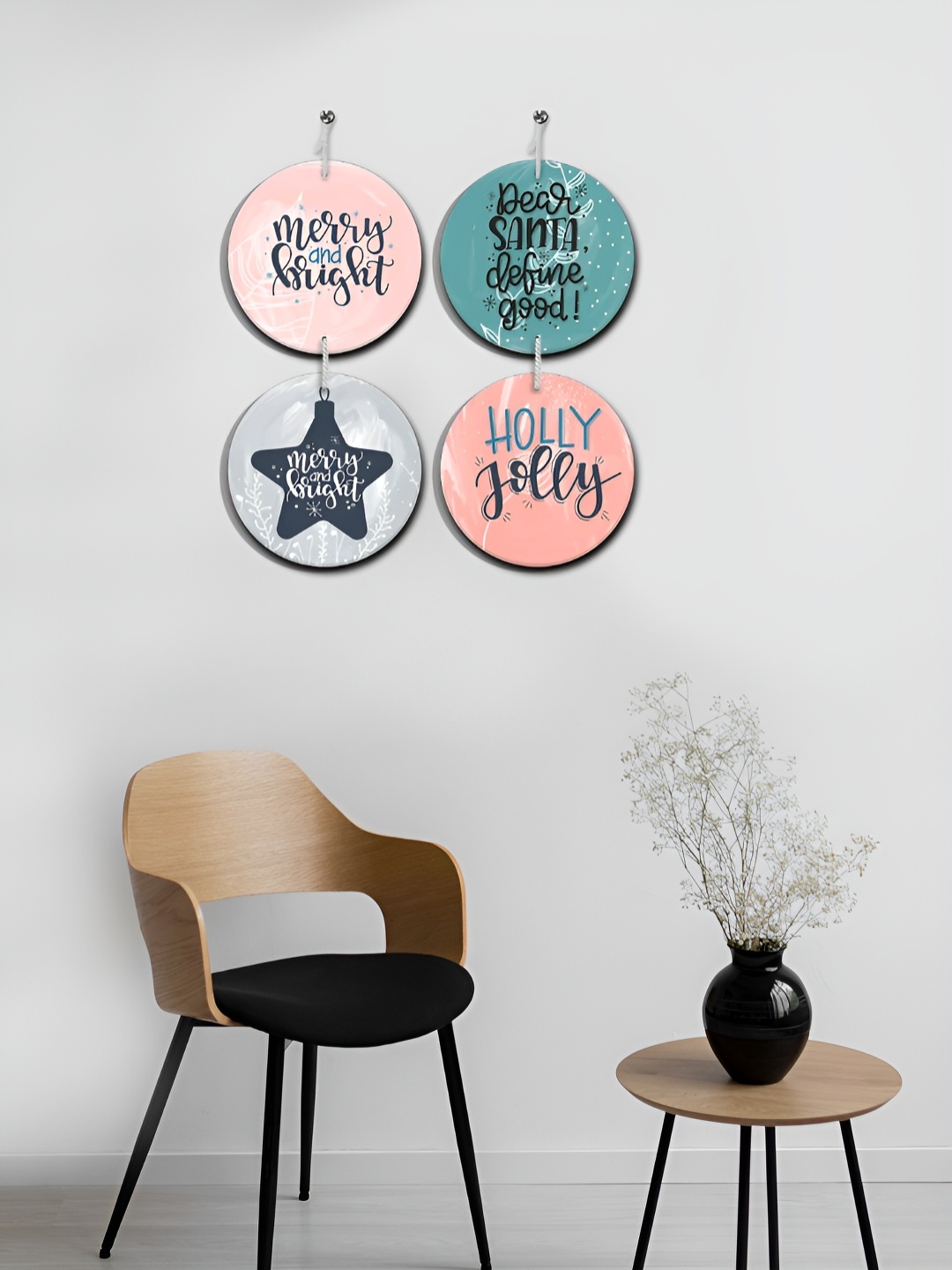 

OLIVE TREE 4-Pcs Pink & Black Printed Wooden Wall Hangings