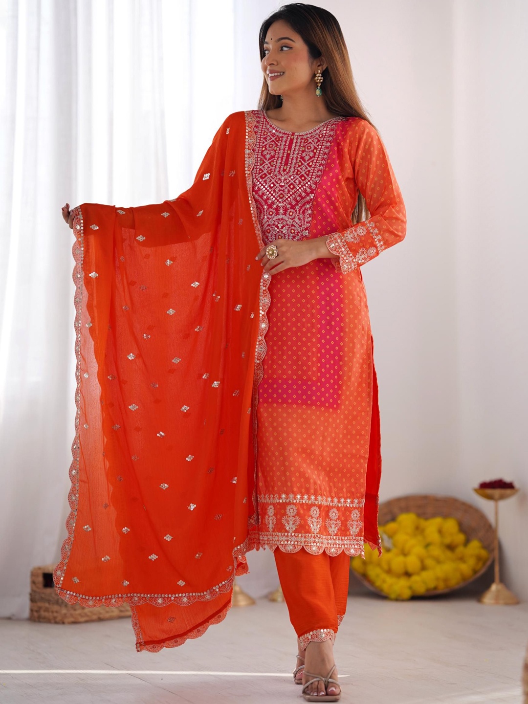 

HARI FASHION Women Bandhani Embroidered Regular Sequinned Kurta with Pyjamas & With Dupatta, Orange