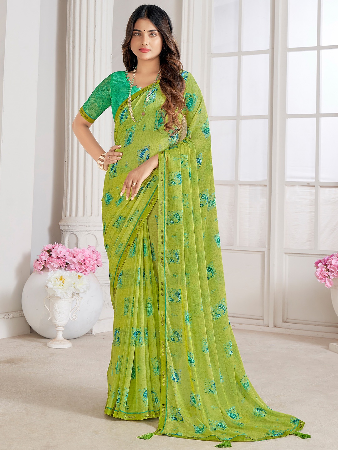 

Panzora Floral Beads and Stones Poly Chiffon Saree, Green