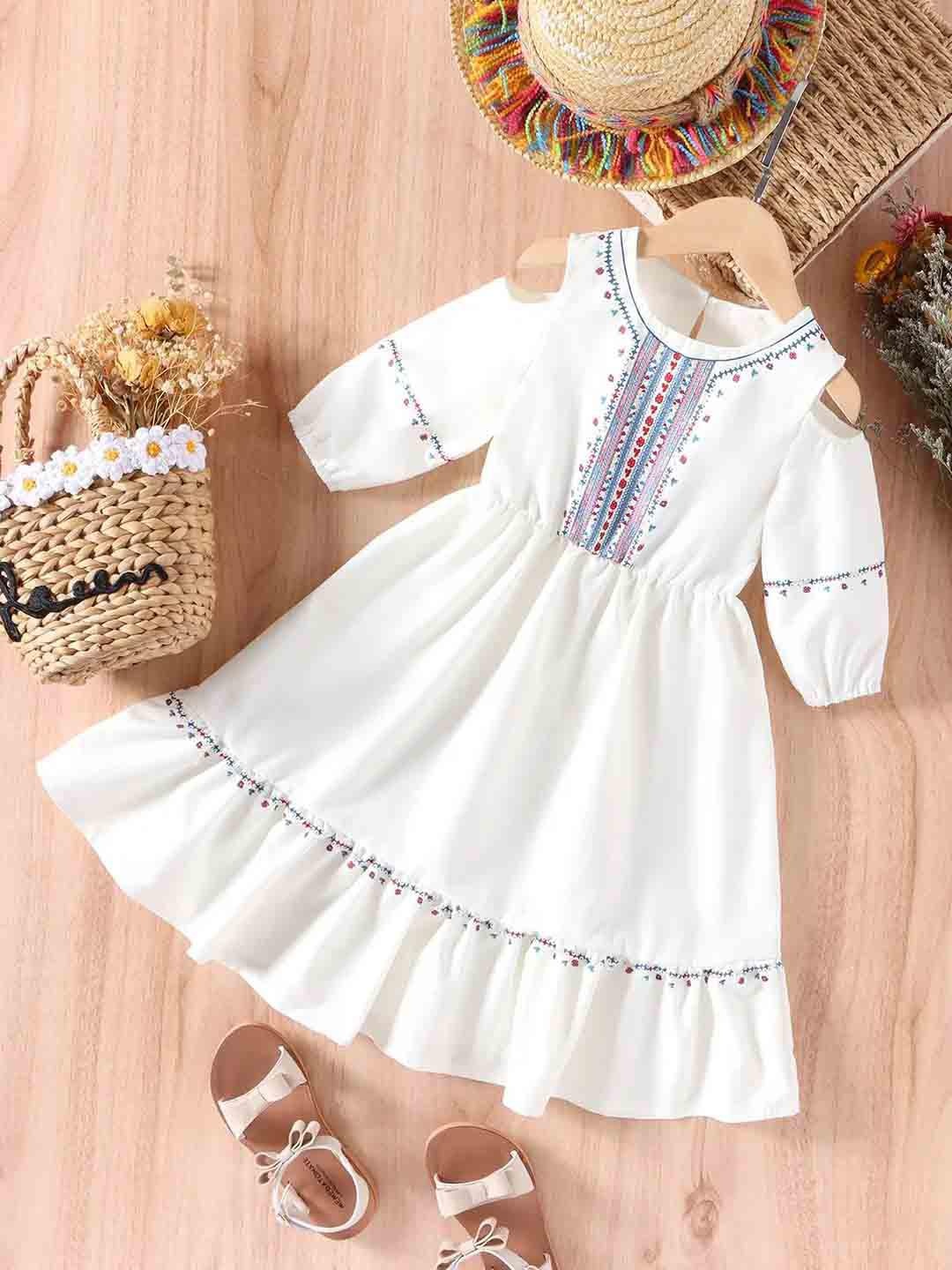 

HERE&NOW Girls Printed Cold- Shoulder Fit - Flare Dress, White