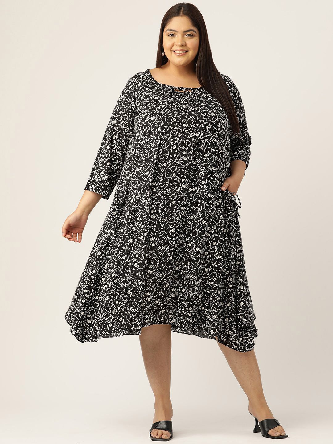 

theRebelinme Floral Print Layered A-Line Midi Dress, Black