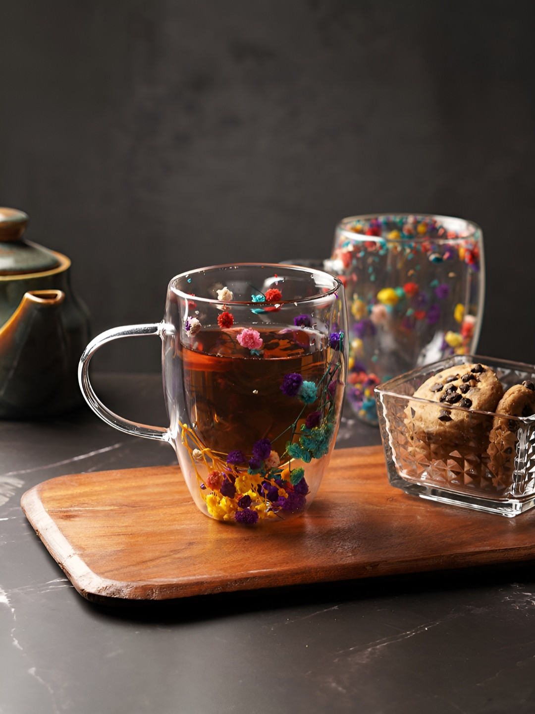

ceradeco Transparent & Purple 2 Pieces Printed Glass Double Wall Glossy Mugs 300 ml Each
