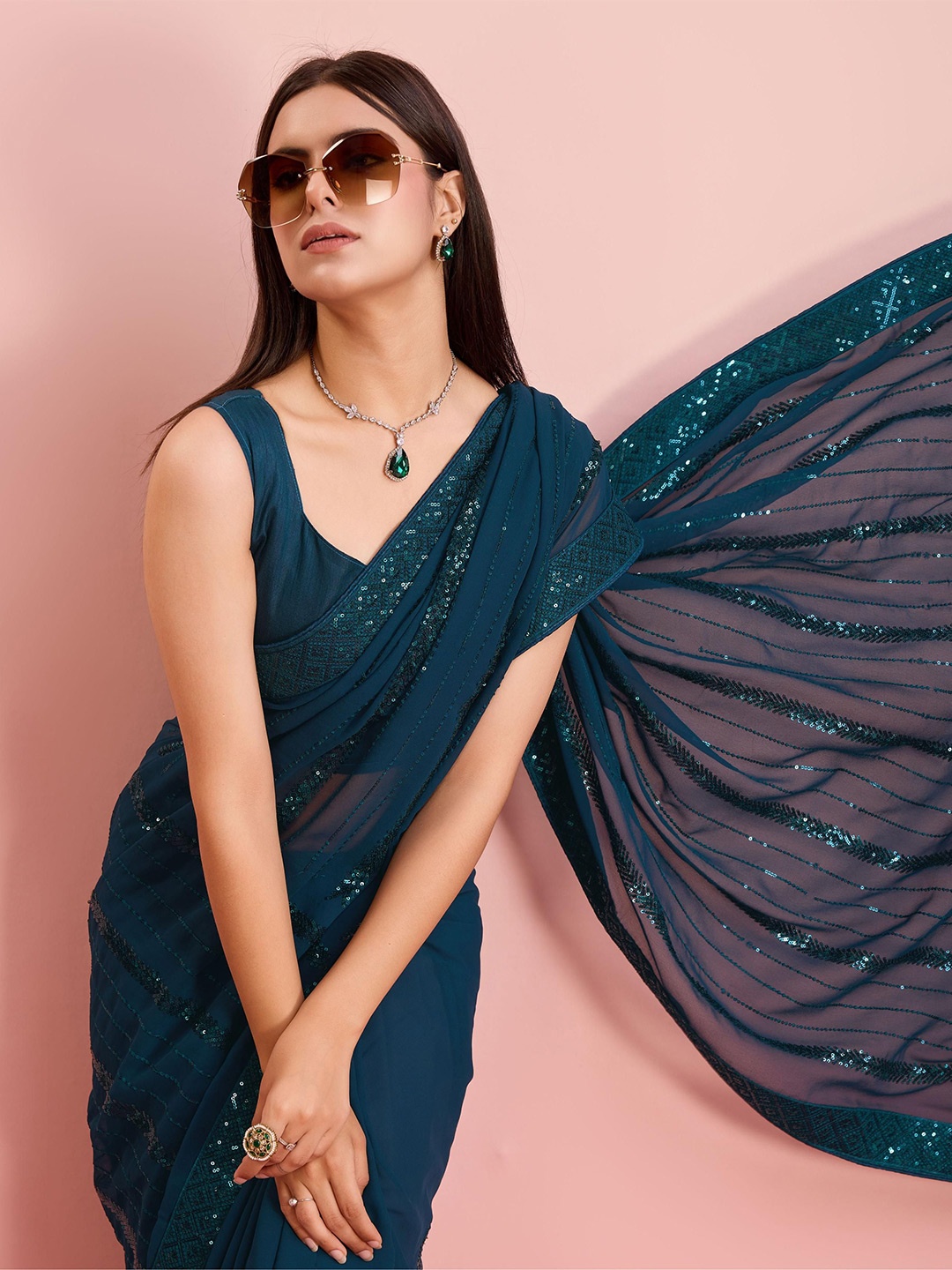 

HERE&NOW Embellished Sequinned Ready to Wear Saree, Teal