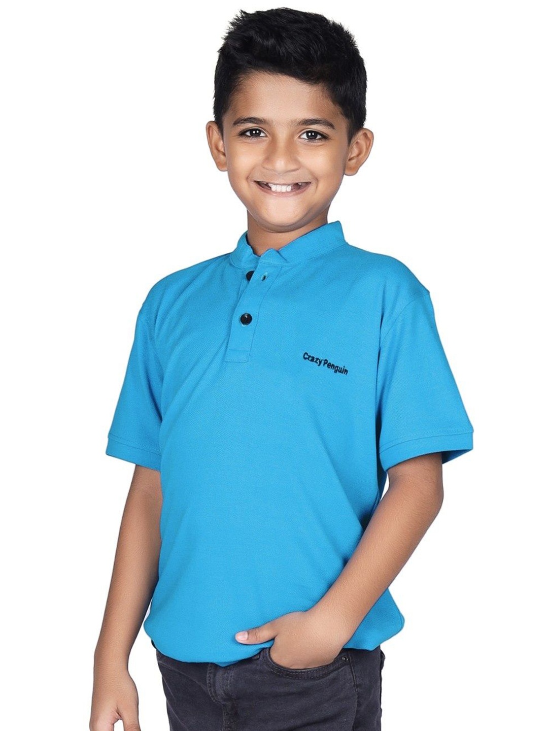 

CRAZYPENGUIN ELITE Boys Solid Mandarin Collar Cotton Relaxed Fit T-shirt, Blue