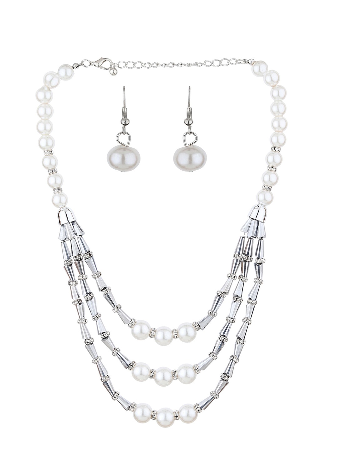 RHOSYN Pearl Moti Mala Crystal Studded Necklace With Earrings set, White