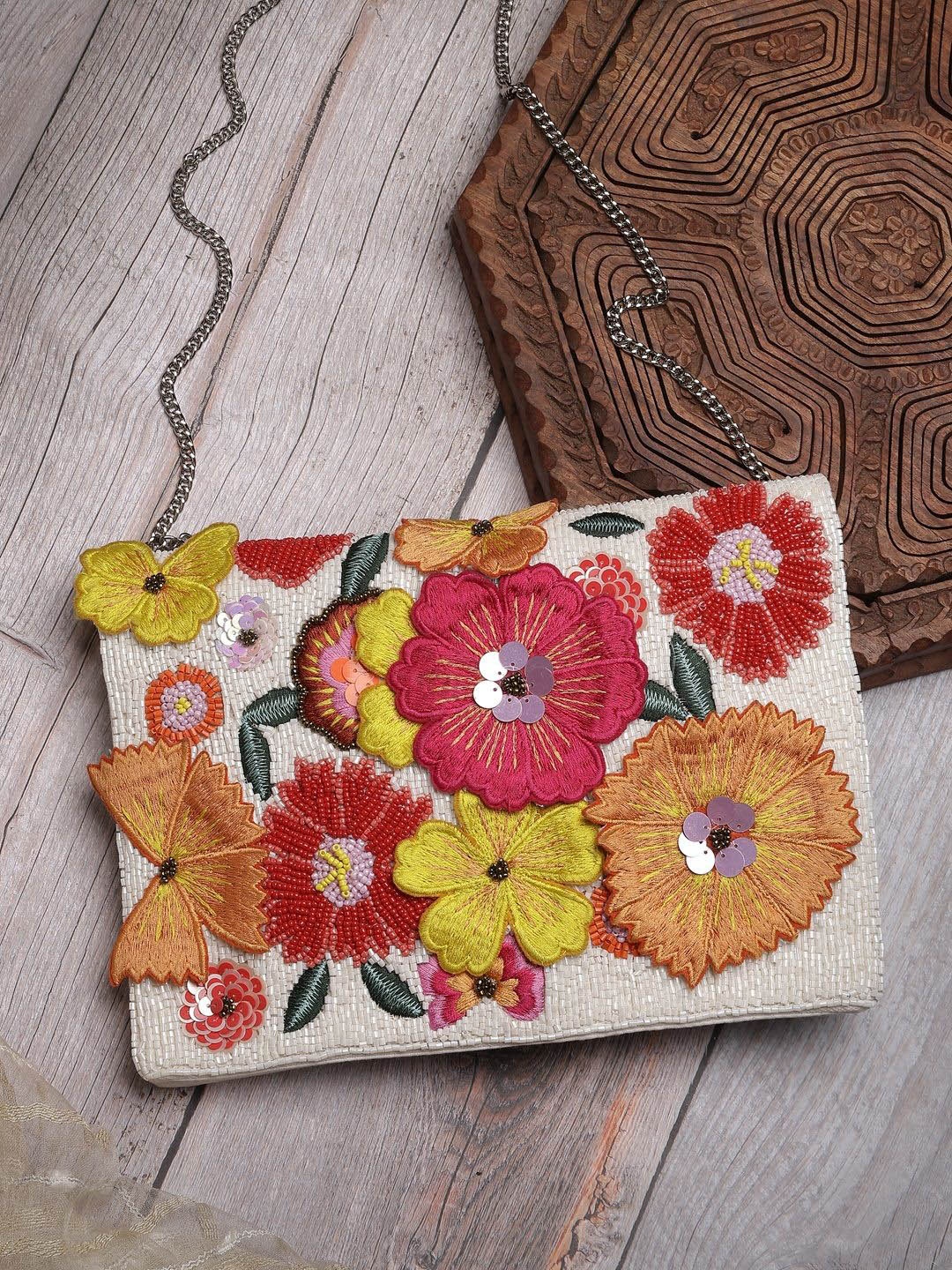 

Anekaant Floral Embellished Structured Sling Bag with Applique, White