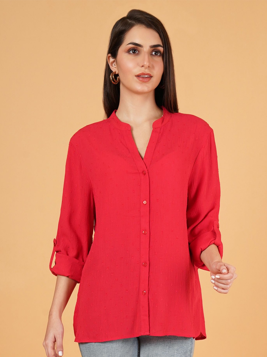 

IX IMPRESSION Mandarin Collar Top, Red