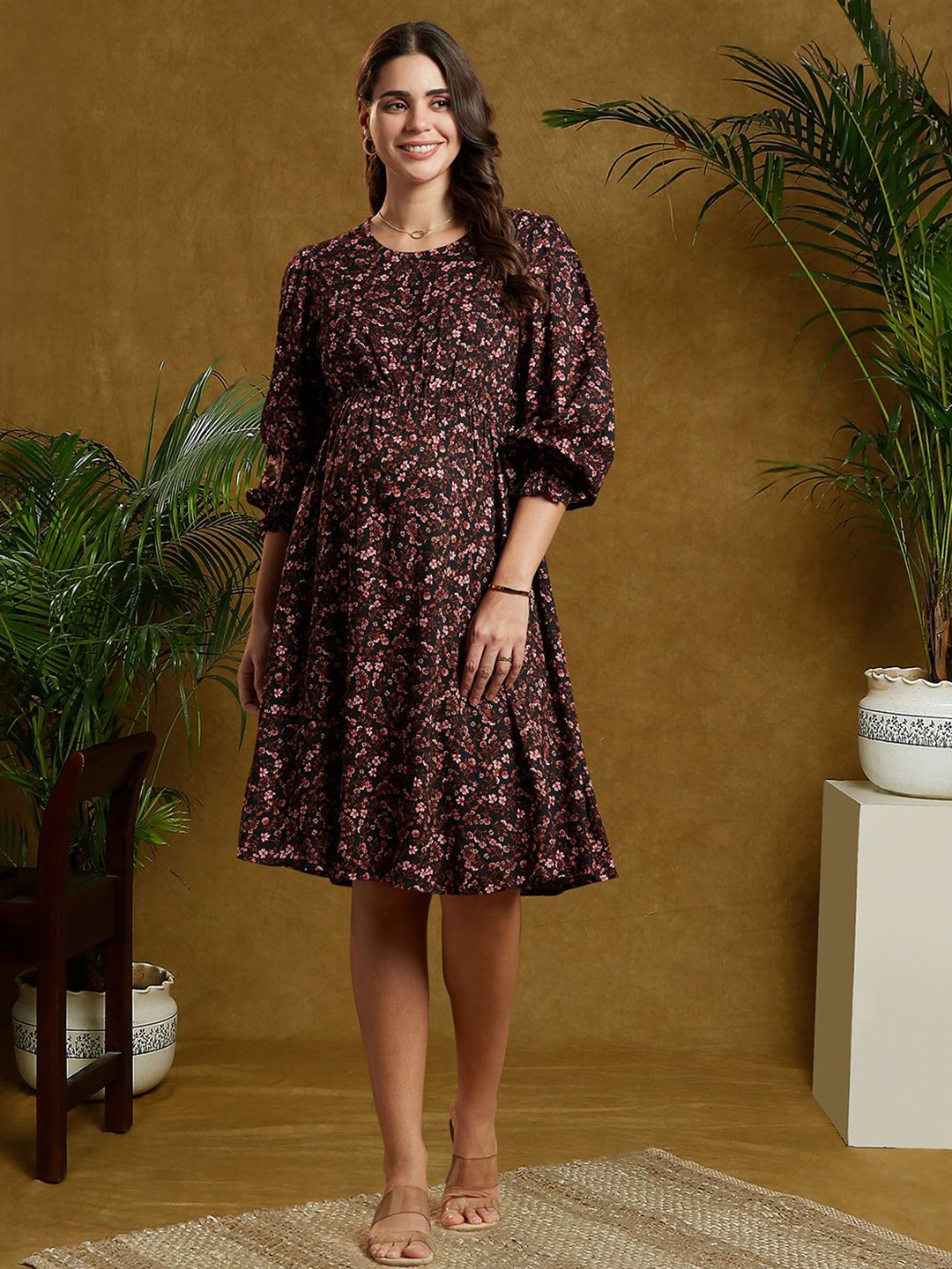 

MomToBe Floral Print Puff Sleeve Maternity Fit & Flare Dress, Multi