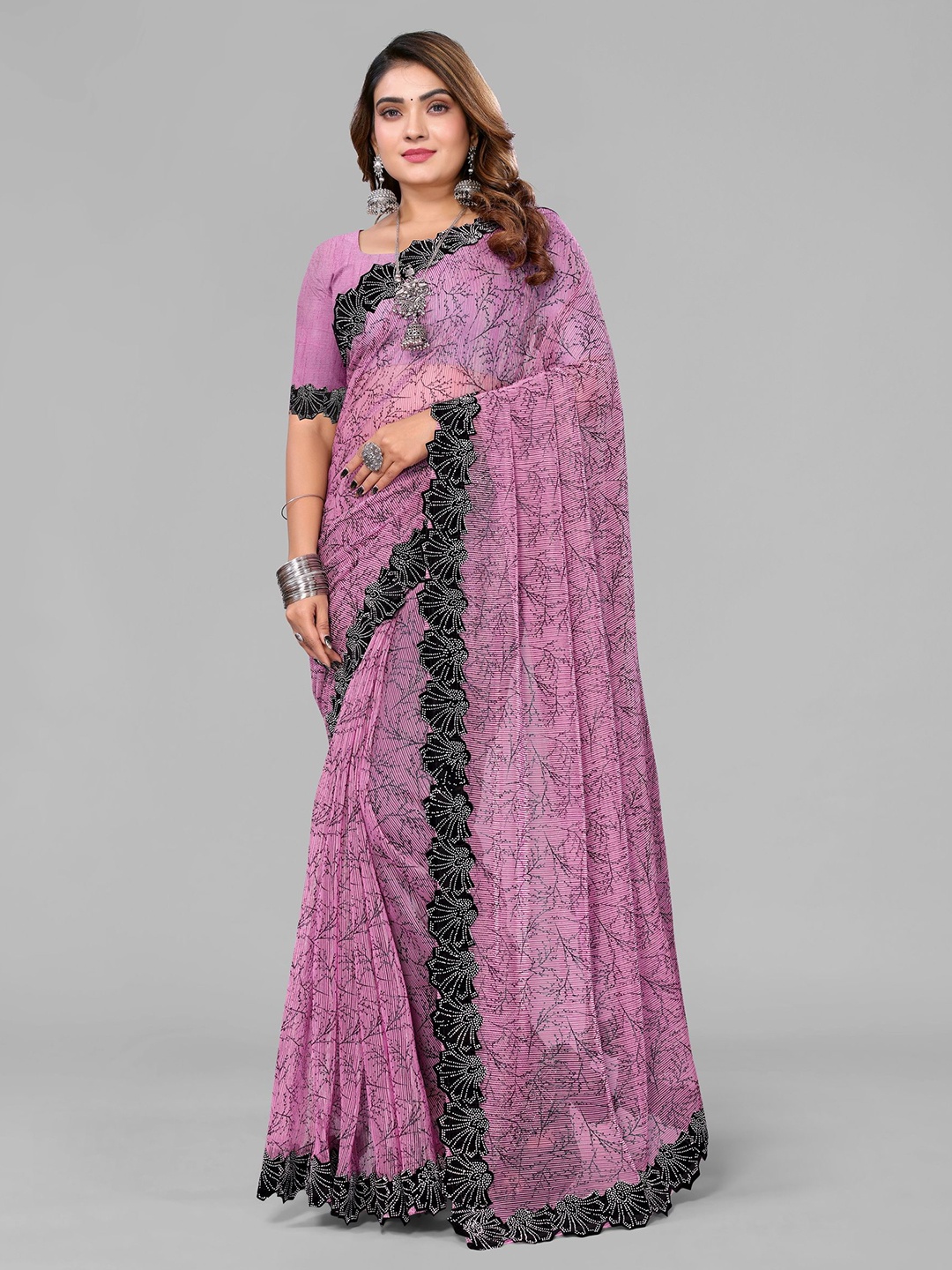 

VIJAYA VALLABH Floral Beads and Stones Saree, Pink