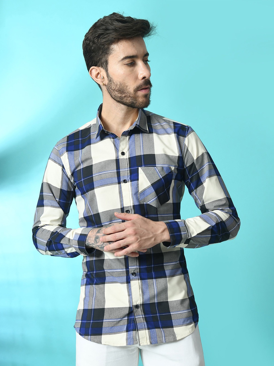 

Tanip Men Comfort Sheer Checked Casual Shirt, Blue