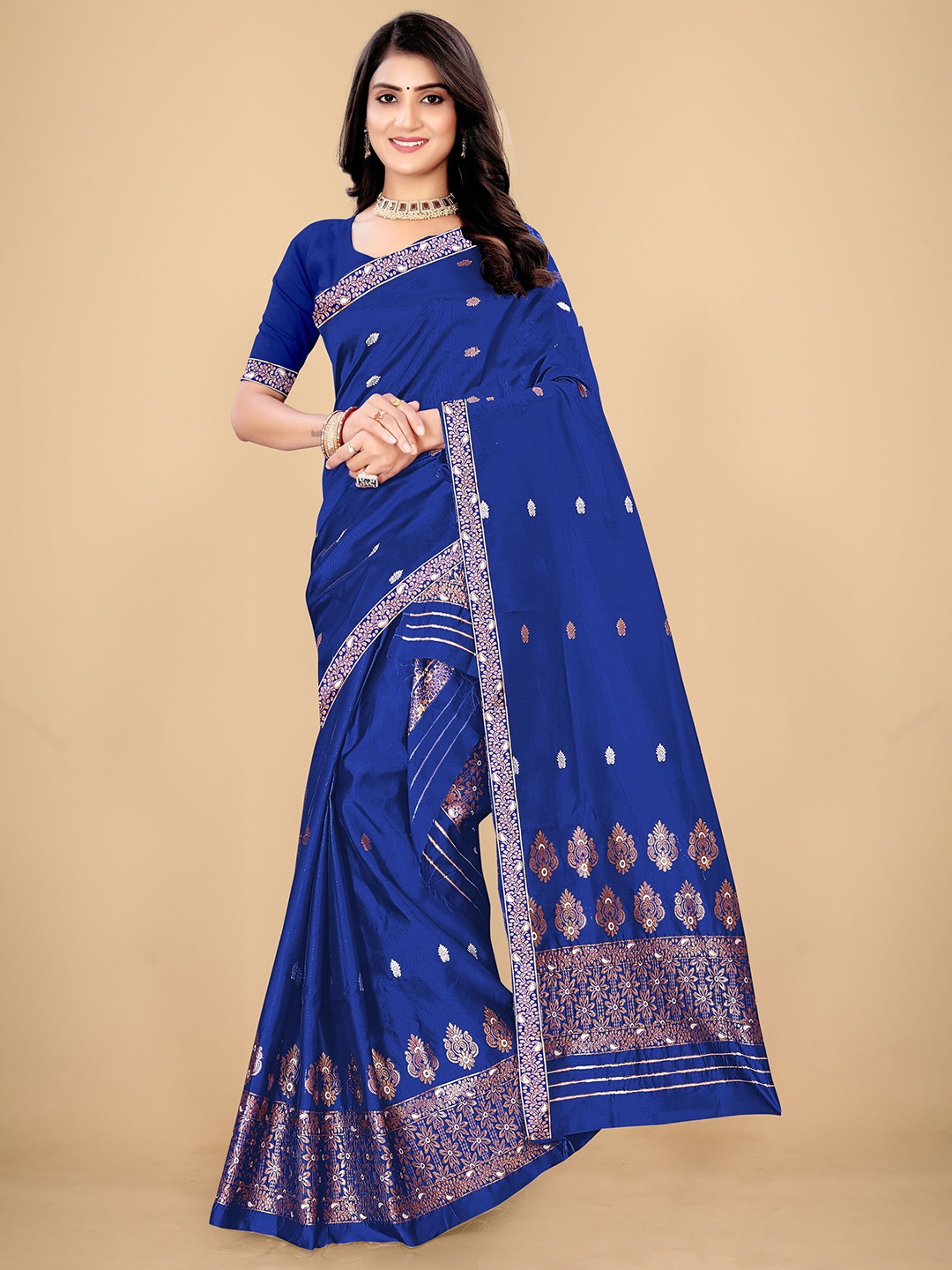 

KAMDAR Paat Silk Jacquard Woven Design Assamese Mekhela Sador, Navy blue