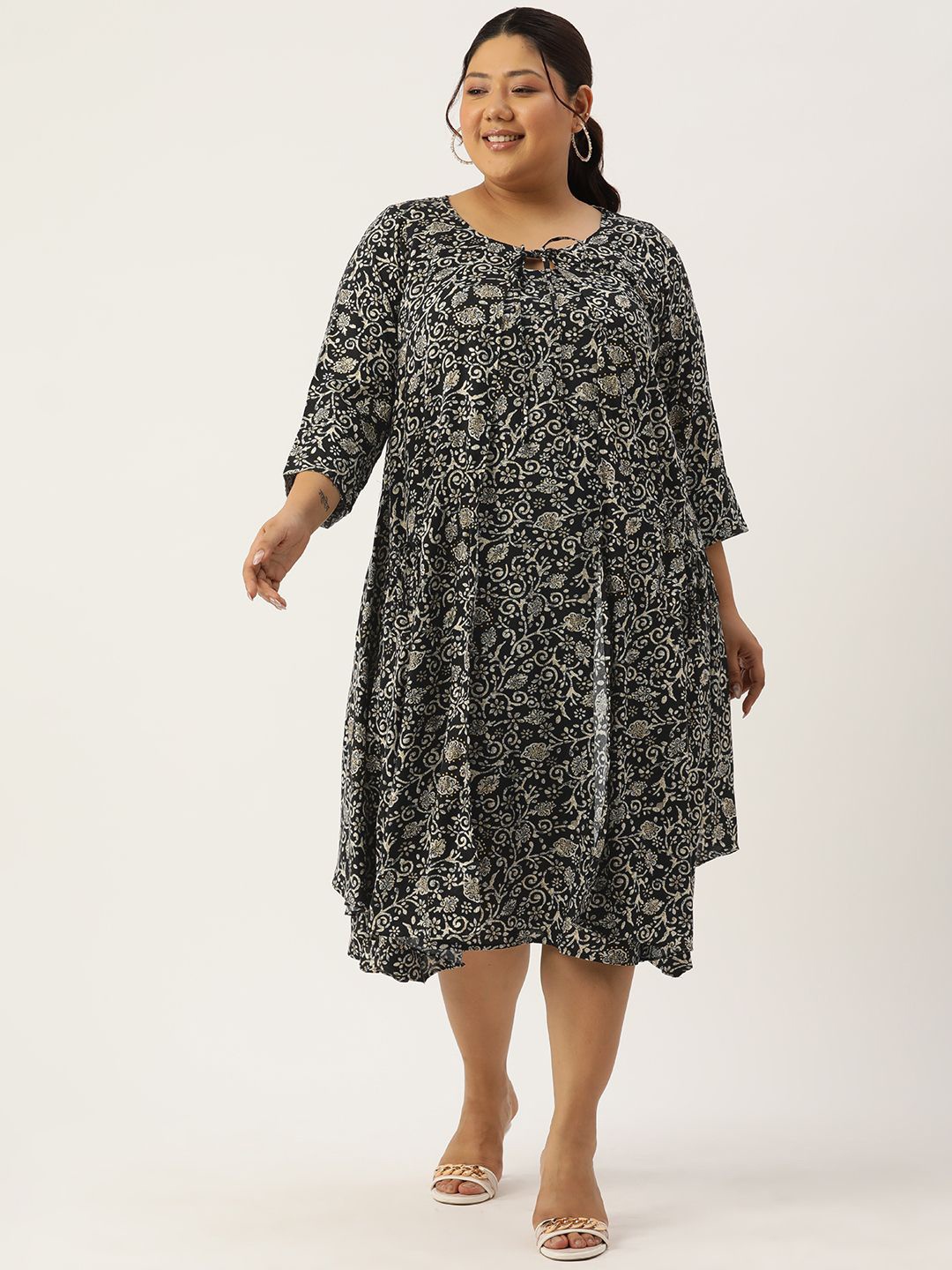 

theRebelinme Floral Print Layered A-Line Midi Dress, Black