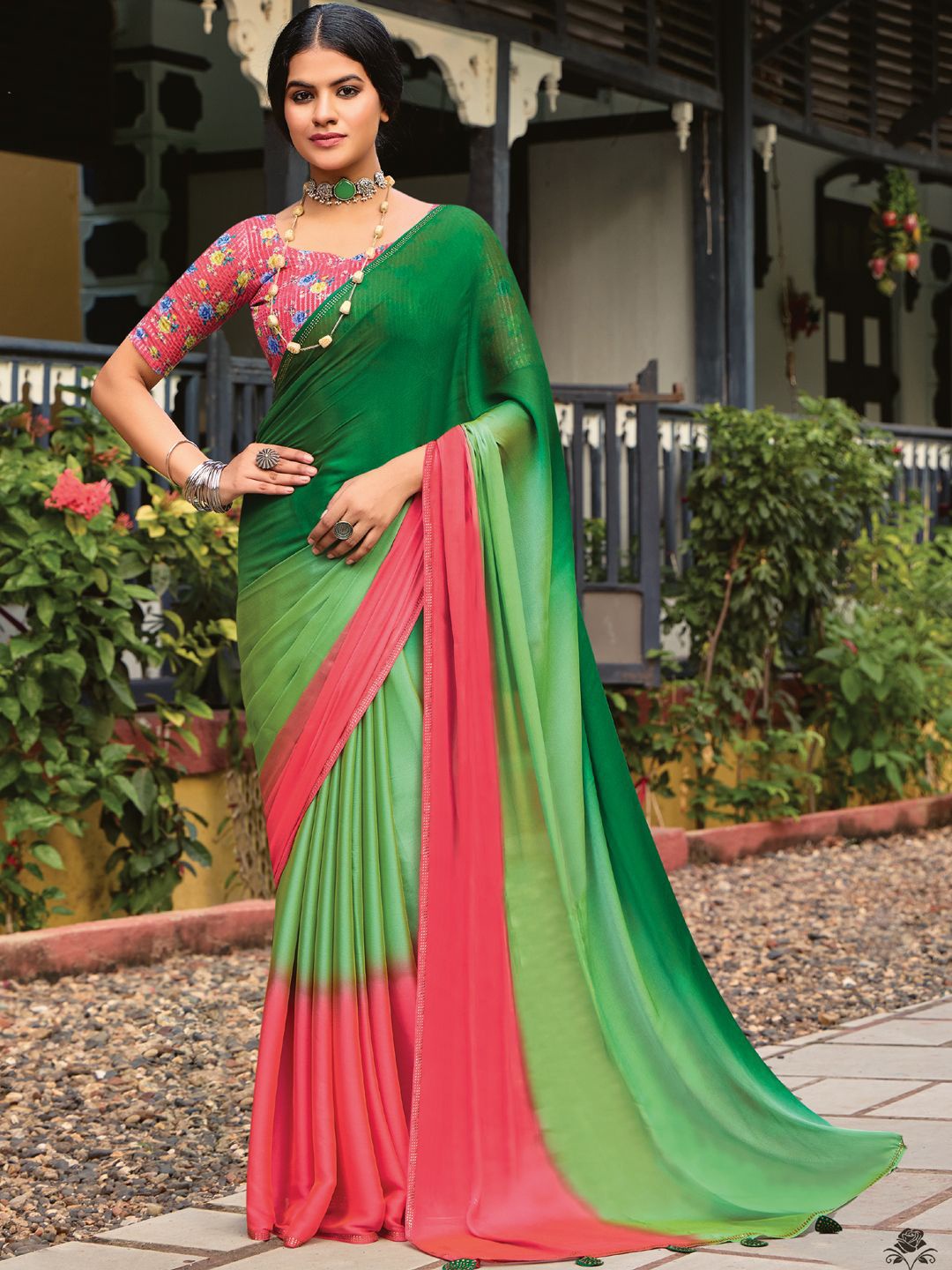 

Panzora Ombre Beads and Stones Poly Chiffon Saree, Green