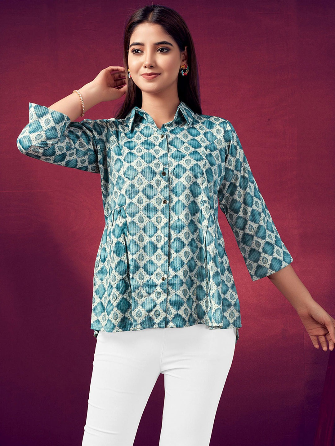 

Peachmode Geometric Print Cotton Top, Turquoise blue