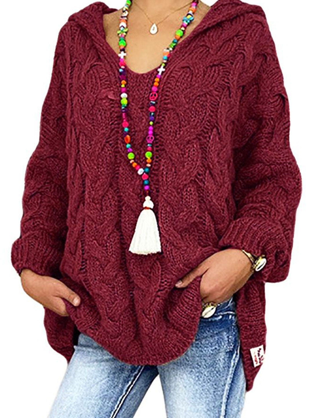 

StyleCast Women Cable Knit Ribbed Pullover, Maroon