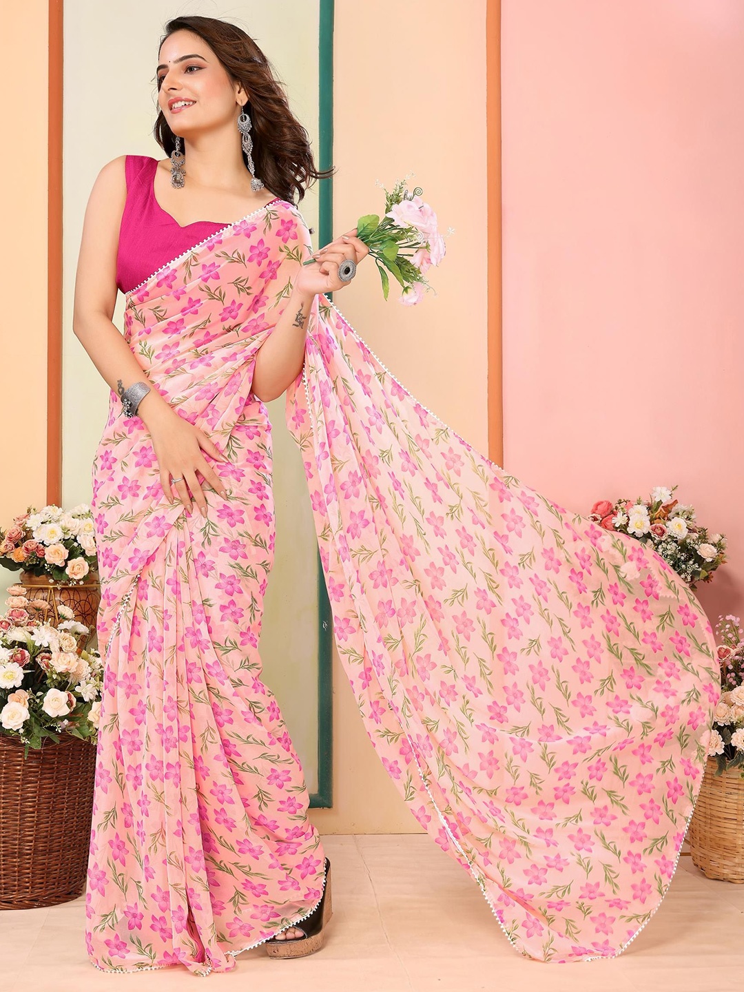 

HERE&NOW Floral Printed Ready to Wear Saree, Pink